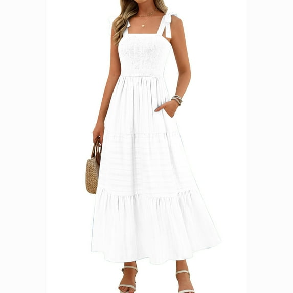 QingYiHua Women's Summer Boho Maxi Dress Beach Vacation Sleeveless Pleated Dresses Casual Smocked A Line Sundress with Pockets,White