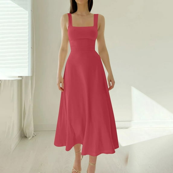 QingYiHua Womens 2025 Summer Sleeveless Square Neck Sundress Casual Slim Flowy A Line Tank Dress Beach Vacation Long Dresses,Watermelon Red