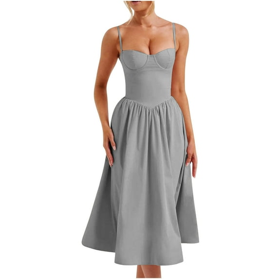 QingYiHua Womens Corset Cocktail Party Evening Dresses Elegant Spaghetti Strap Bustier Midi Dress Flowy Pleated Hem formal Dresses ,Gray