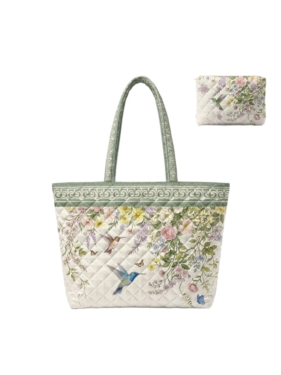 Hummingbird Floral Quilted Tote Bag with Zipper for Women, Farmhouse Butterfly Tote Bags