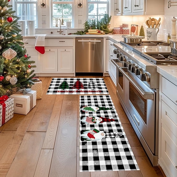 Isvgxsz Christmas Kitchen Rugs and Mats Set of 2 White Black Buffalo Plaid Merry Christmas Xmas Trees Floor Mat Non Slip Checkered Doormat Home Holiday Kitchen Decor, 15.75x23.62 In,15.75x47.24 In