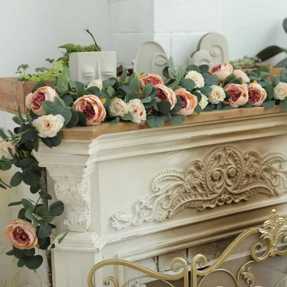 Artificial Eucalyptus Flower Garland with White Roses, Fake Rose Flower Greenery Garland Floral Vines for Wedding Home Party Table Runner Decor