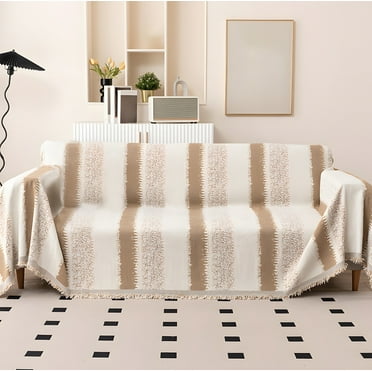Isvgxsz Couch Cover Striped Khaki Couch Cover for 2 Cushion Couch Sofa Chenille Couch Covers for Dogs Washable Loveseat Covers Sectional Sofa Protector Living Room Couch Cover Blanket