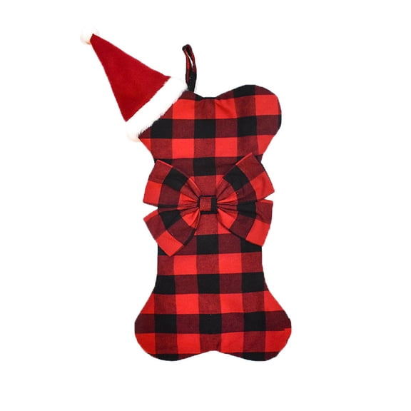 Isvgxsz Pet Dog Christmas Stockings Buffalo Red Black Plaid Burlap Large Bone Shape Hanging Christmas Stocking for Dogs Pets