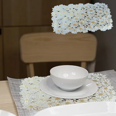 Isvgxsz Washable Placemats Gold Flower Place Mat Blue PVC Table Mats Non Slip Heat Resistant Wipeable Easy to Storage Placemats for Kitchen Garden Farmhouse Picnic Dining Table, Large