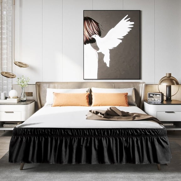 Wrap Around Ruffled Bed Skirt with Adjustable Elastic Belt - 14.9 Inch Drop Easy to Put On, Wrinkle Free Bedskirt Dust Ruffles, Bed Frame Cover for Queen, King and King Size Beds