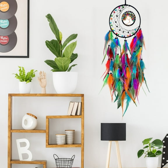 Isvgxsz Dream Catcher Light Up Tree of Life Dreamcatcher with Healing Crystal Stone Handmade Feather Wall Hanging for Bedroom Bohemian Home Decor Wedding Ornament Craft Gift