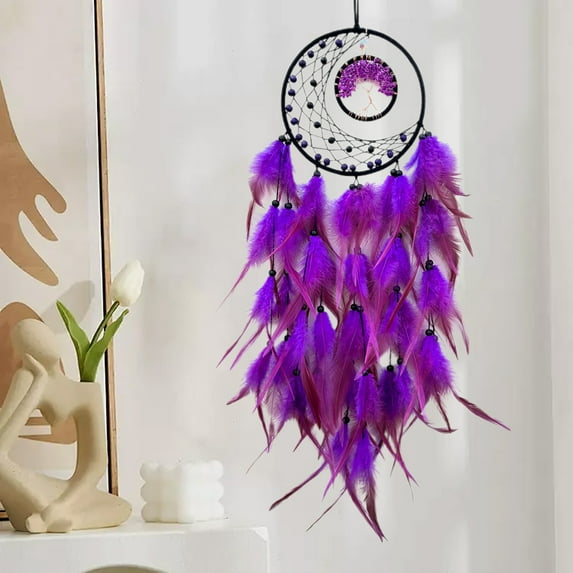 Isvgxsz Dream Catcher Light Up Tree of Life Dreamcatcher with Healing Crystal Stone Handmade Feather Wall Hanging for Bedroom Bohemian Home Decor Wedding Ornament Craft Gift