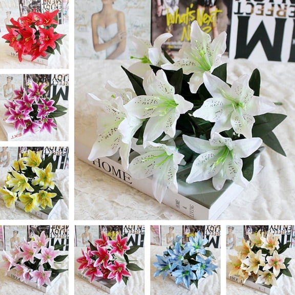 Gifts for Mom 10 Heads Artificial Fake Silk Lilies Flower Bridal Bouquet Wedding Party Decor Overstock Clearance