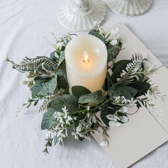 Isvgxsz Green Plants Candle Ring Artificial Wreath with Faux Eucalyptus Leaves Spring Greenery Garland Pillar Holder for Home Wedding Party Table Centerpiece
