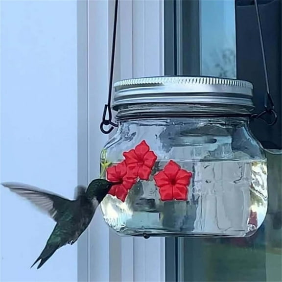 Qinghuai Hummingbird Feeder,Jar Hummingbird Feeder with Three Ports,Little Bird Wild Birds Feeding Jar,Portable Clear Reservoir Design Fluid Flower Hummingbird Feeder for Outdoor Hanging 500ml
