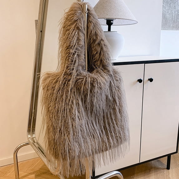 Isvgxsz Large Tote Bag for Women Soft Winter Fluffy Fuzzy Furry Plush Top Handle Purse Fleece Shopping Shoulder Handbag