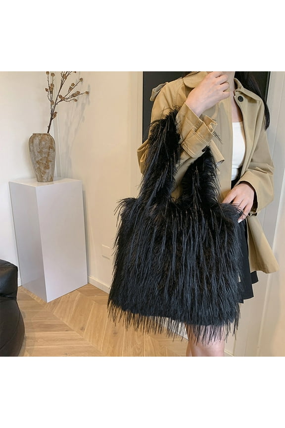 Large Tote Bag for Women Soft Winter Fluffy Fuzzy Furry Plush Top Handle Purse Fleece Shopping Shoulder Handbag