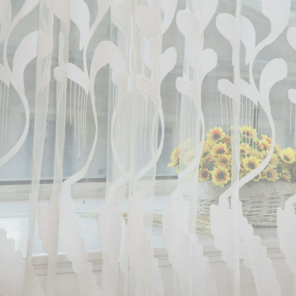 Isvgxsz Leaf Embroidered Sheer Curtains for Kids Room 78.74 Inch Length, Wheat Leaves Pattern Semi Sheer Curtain Drapes Rod Pocket Floral Print Short Curtains for Bedroom Living Room