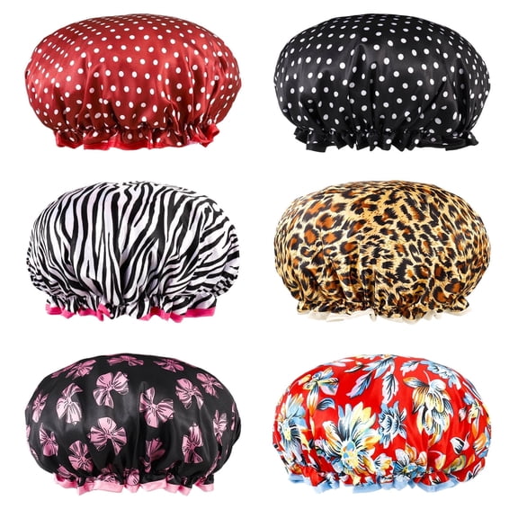 6 Pieces Shower Cap for Women, Elastic and Reusable, Environmental Protection Hair Bath Caps, Double Waterproof Layers Bathing Hat for Women Girl