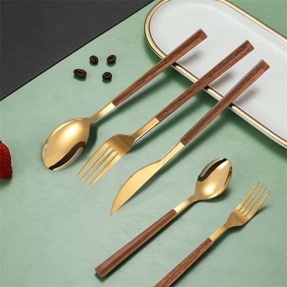 Bowayaoa Stainless Steel Flatware Silverware Set with Wooden Handles, Rustic Tableware Cutlery, Natural Wood Grain Knives Forks Spoons Set, (5 PCS)