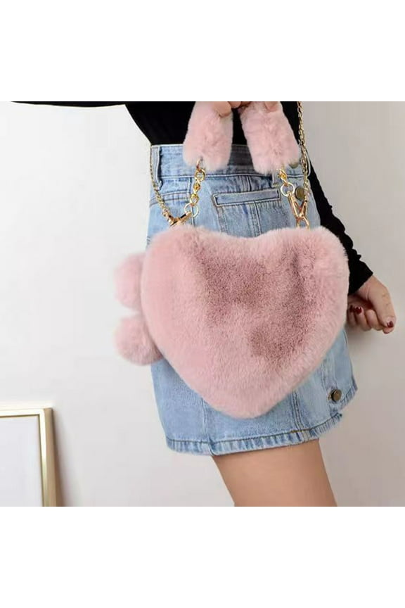 Women's Handbag Fleece Heart Shape Shoulder Bag Hobo Tote Bag Faux Fur Retro Casual Clutch Cute Purseā¦