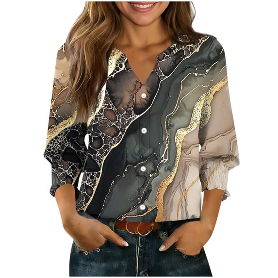 Qingpeng 3/4 Length Sleeve Button Down Shirts for Women Lightweight Spring Summer Floral Print Cardigans Casual V Neck Blouse Tops Size S-XXL
