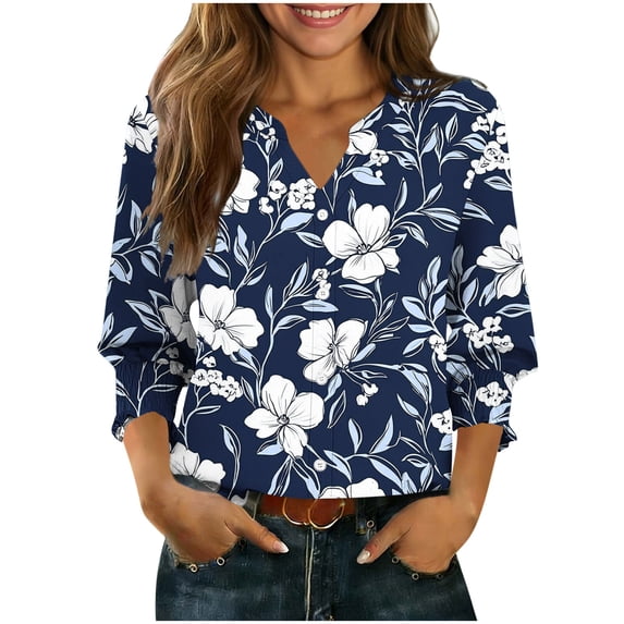 Qingpeng 3/4 Length Sleeve Button Down Shirts for Women Lightweight Spring Summer Floral Print Cardigans Casual V Neck Blouse Tops Size S-XXL