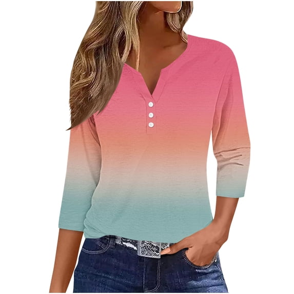Qingpeng 3/4 Length Sleeve Tunic Tops for Women Casual Dressy Summer Blouses Casual Buisness Work Spring Tee Shirts Size S-3XL