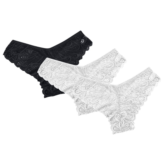 Qingpeng 3 Pack Womens Lace Thong Underwear Semi Sheer Briefs with Scalloped Trim and Cotton Gusset for Soft Comfort Fit