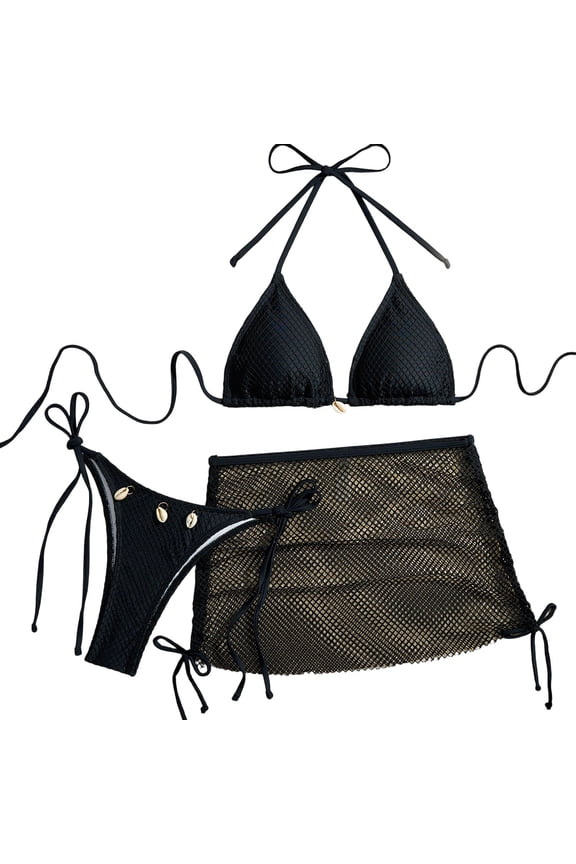 3 Piece Swimsuits for Women Crochet Mesh Triangle Tops Shell Tassel Skirt Beach Resort Bikini Set Bathing Suit