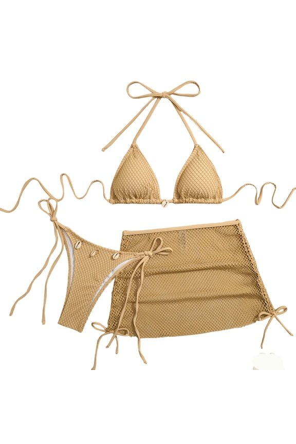 3 Piece Swimsuits for Women Crochet Mesh Triangle Tops Shell Tassel Skirt Beach Resort Bikini Set Bathing Suit