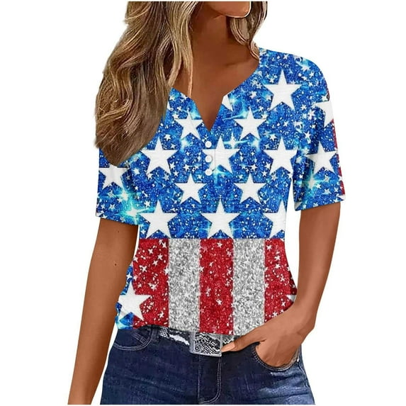 Qingpeng 4th of July Outfits for Women American Flag Shirt Patriotic T-Shirts Fashion Women's Summer V-Neck Casual Short Sleeve Print Strapless Blouse Tops