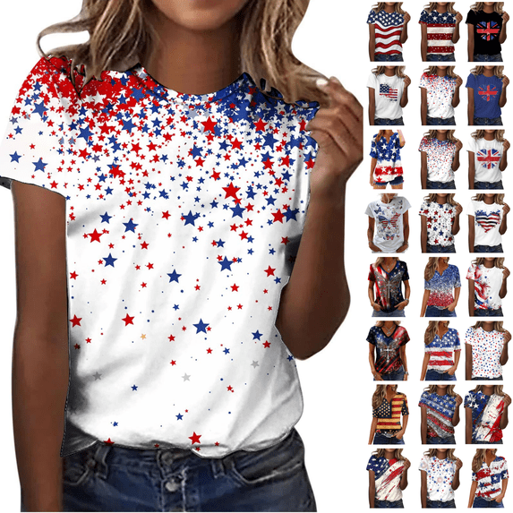 Qingpeng 4th of July Patriotic T Shirts for Women Summer Star Print Shirts Women's Independence Day Short Sleeve Casual Tee Tops Size S-5XL