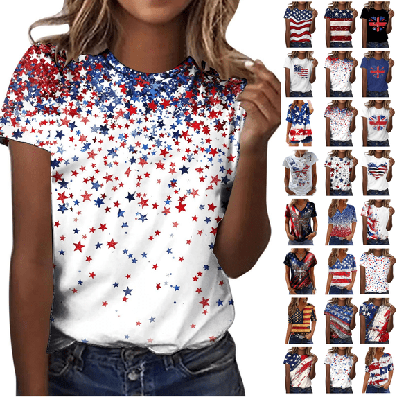 Qingpeng 4th of July Patriotic T Shirts for Women Summer Star Print Shirts Women's Independence Day Short Sleeve Casual Tee Tops Size S-5XL