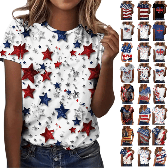 Qingpeng 4th of July Patriotic T Shirts for Women Summer Star Print Shirts Women's Independence Day Short Sleeve Casual Tee Tops Size S-5XL