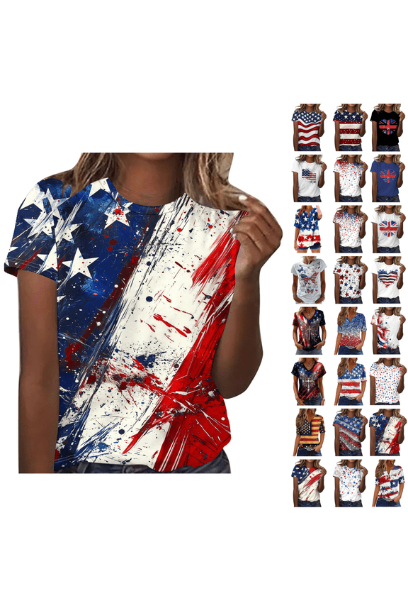 4th of July Patriotic T Shirts for Women Summer Star Print Shirts Women's Independence Day Short Sleeve Casual Tee Tops Size S-XXL