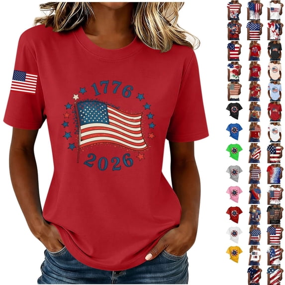 Qingpeng 4th of July Patriotic T Shirts for Women Summer Star Print Shirts Women's Independence Day Short Sleeve Casual Tee Tops