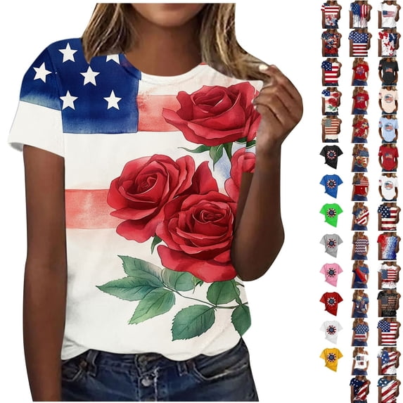 Qingpeng 4th of July Patriotic T Shirts for Women Summer Star Print Shirts Women's Independence Day Short Sleeve Casual Tee Tops