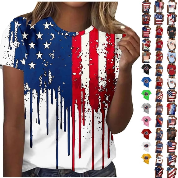 Qingpeng 4th of July Patriotic T Shirts for Women Summer Star Print Shirts Women's Independence Day Short Sleeve Casual Tee Tops