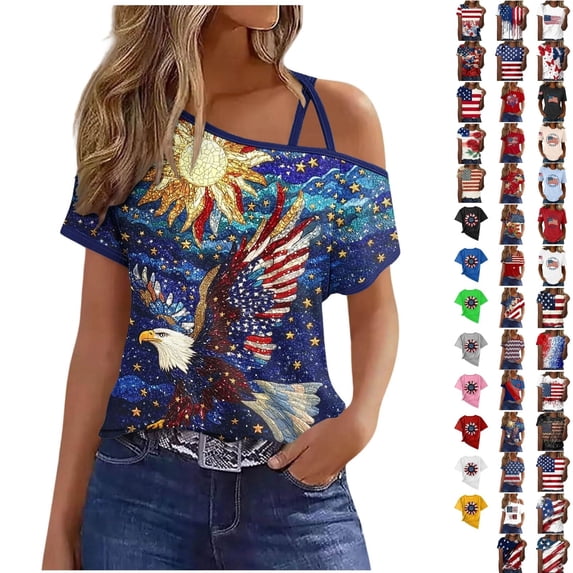 Qingpeng 4th of July Patriotic T Shirts for Women Summer Star Print Shirts Women's Independence Day Short Sleeve Casual Tee Tops
