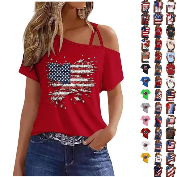 Qingpeng 4th of July Patriotic T Shirts for Women Summer Star Print Shirts Women's Independence Day Short Sleeve Casual Tee Tops