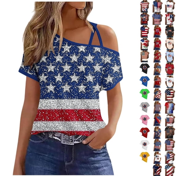 Qingpeng 4th of July Patriotic T Shirts for Women Summer Star Print Shirts Women's Independence Day Short Sleeve Casual Tee Tops