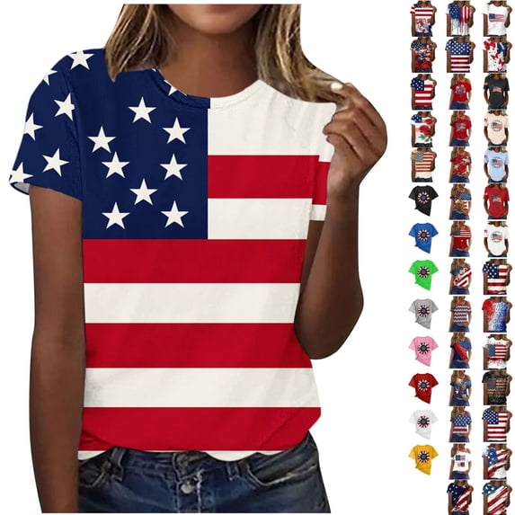 Qingpeng 4th of July Patriotic T Shirts for Women Summer Star Print Shirts Women's Independence Day Short Sleeve Casual Tee Tops