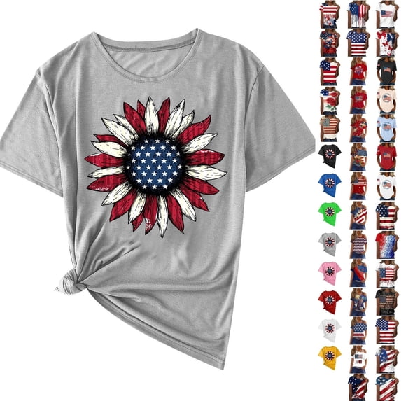 Qingpeng 4th of July Patriotic T Shirts for Women Summer Star Print Shirts Women's Independence Day Short Sleeve Casual Tee Tops