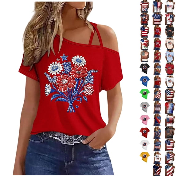 Qingpeng 4th of July Patriotic T Shirts for Women Summer Star Print Shirts Women's Independence Day Short Sleeve Casual Tee Tops