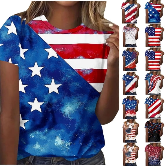 Qingpeng 4th of July Patriotic T Shirts for Women Summer Star Print Shirts Women's Independence Day Short Sleeve Casual Tee Tops