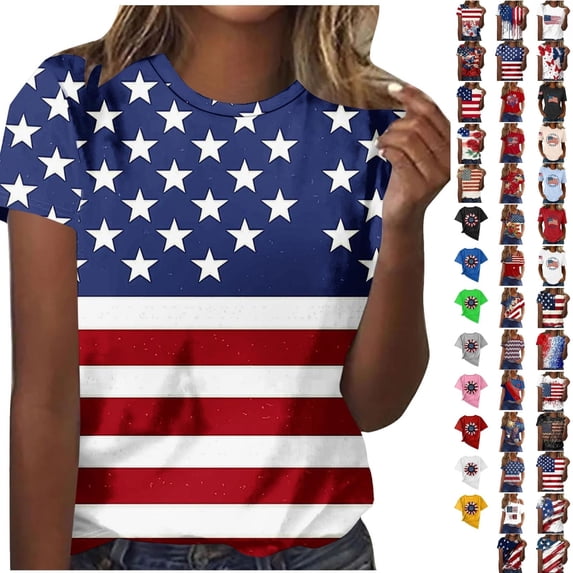 Qingpeng 4th of July Patriotic T Shirts for Women Summer Star Print Shirts Women's Independence Day Short Sleeve Casual Tee Tops