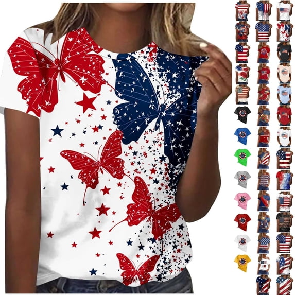 Qingpeng 4th of July Patriotic T Shirts for Women Summer Star Print Shirts Women's Independence Day Short Sleeve Casual Tee Tops