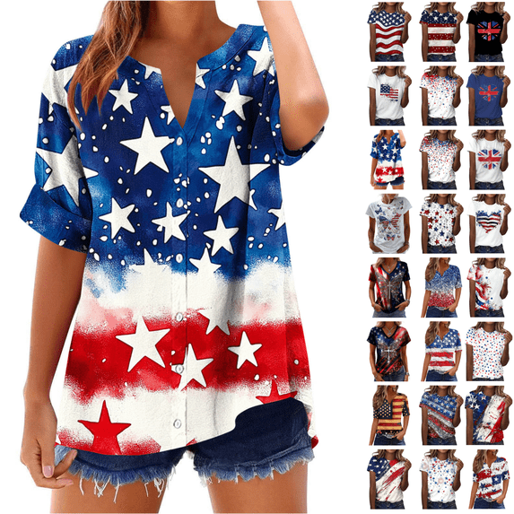 Qingpeng 4th of July T Shirts for Women Summer Star Striped Print Patriotic Shirts Women's Independence Day Short Sleeve Casual Tee Tops Size S-XXL