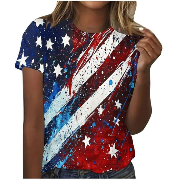 Qingpeng American Flag Shirts for Women 4th of July T-Shirt Patriotic T-Shirts Women's Independence Day Short Sleeve Printed Casual Tops Short Sleeve Crewneck Tops Shirt