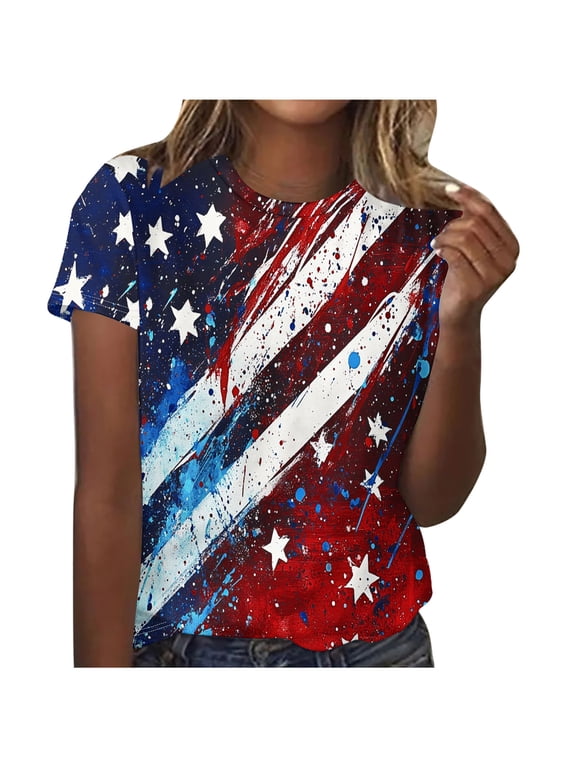 American Flag Shirts for Women 4th of July T-Shirt Patriotic T-Shirts Women's Independence Day Short Sleeve Printed Casual Tops Short Sleeve Crewneck Tops Shirt