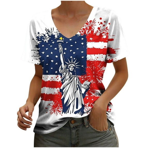 Qingpeng American Flag Shirts for Women 4th of July T-Shirt Patriotic T-Shirts Women's Independence Day Short Sleeve Printed Casual Tops Short Sleeve Crewneck Tops Shirt