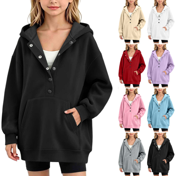 Qingpeng Big Girls Snap Button Hooded Pullover Top Long Sleeve Relaxed Fit Sweatshirt with Pocket