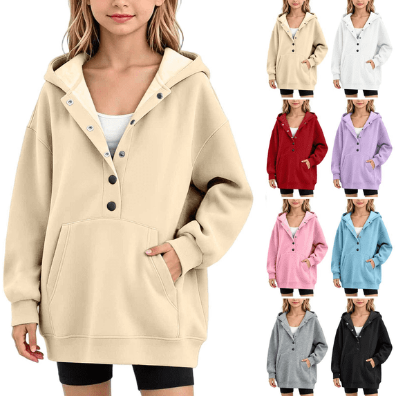 Qingpeng Big Girls Snap Button Hooded Pullover Top Long Sleeve Relaxed Fit Sweatshirt with Pocket